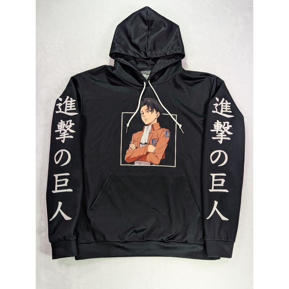 Attack On Titan Size L Black Hoodie Levi Akerman On Front Japanese Kanji Sleeves